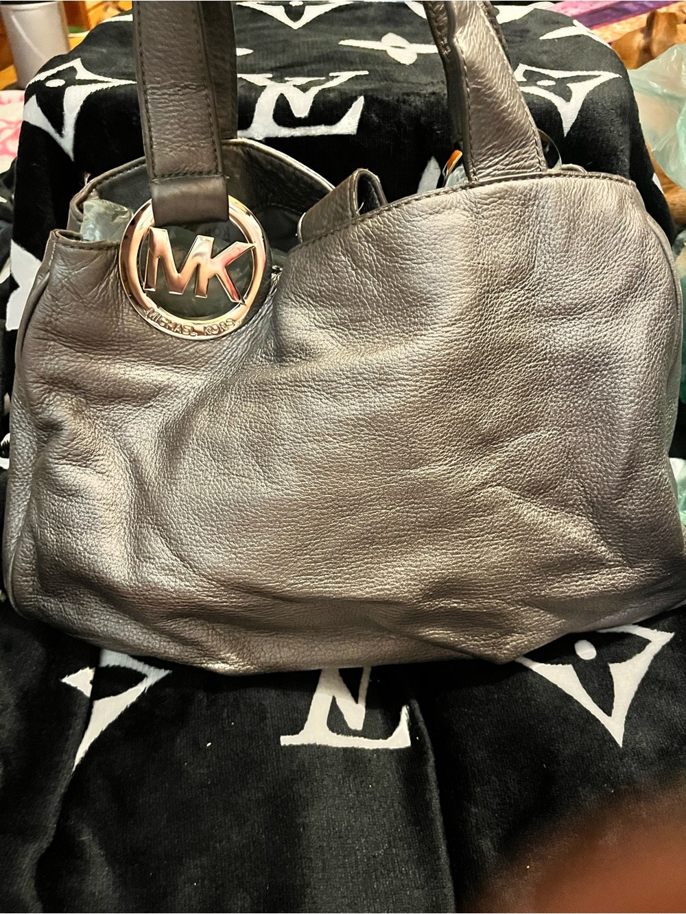 Michael Kors Metallic Charcoal Leather Shoulder Bag with MK Charm